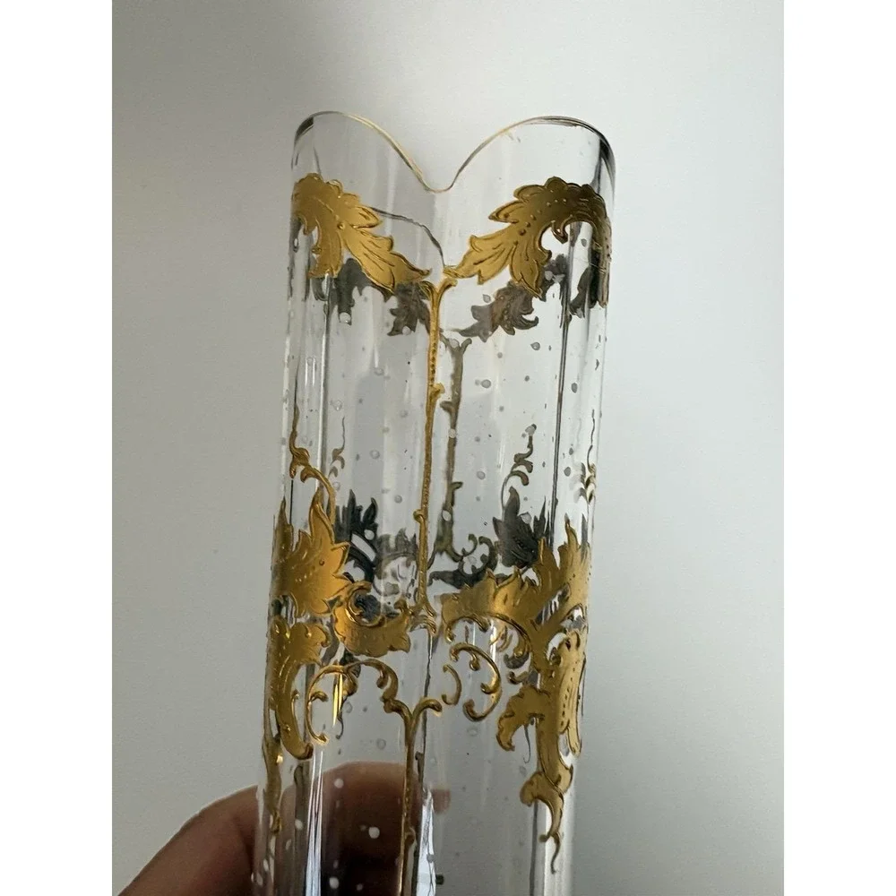 Antique Bohemian Art Glass Vase Raised Gold Gilt Enamel Quatrefoil Bubbles 7 In